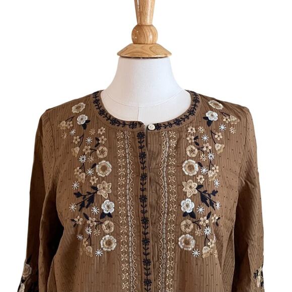 J. Jill Cotton Brown Embroidered Floral Swiss Dot Button Down Peasant Blouse S - Picture 2 of 14